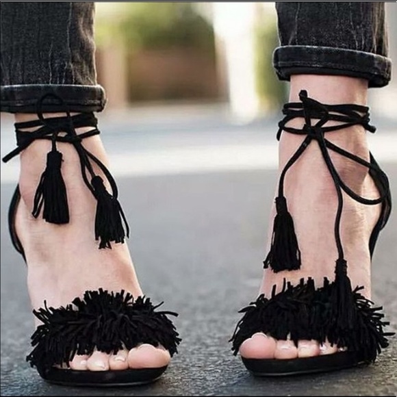 (Sold) Steve Madden Sassey Black Suede Fringe Heel - Picture 2 of 8